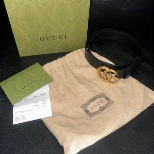 AUTHENTIC GUCCI BLACK LEATHER BELT WITH DOUBLE BUCKLE GOLD GG